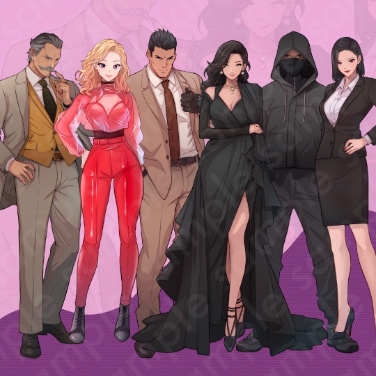 【立ち絵素材6人セット】悪役風男女のモブキャラクターイラスト・現代・スーツ・黒マスク・ドレス姿・全身表情5種+α