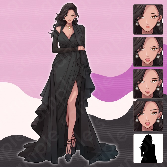 【立ち絵素材6人セット】悪役風男女のモブキャラクターイラスト・現代・スーツ・黒マスク・ドレス姿・全身表情5種+α