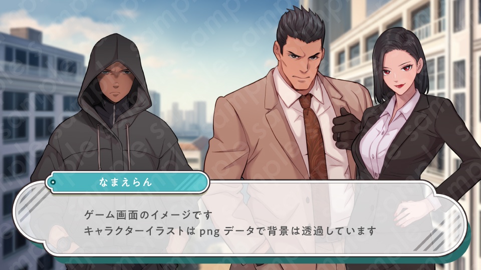 【立ち絵素材6人セット】悪役風男女のモブキャラクターイラスト・現代・スーツ・黒マスク・ドレス姿・全身表情5種+α