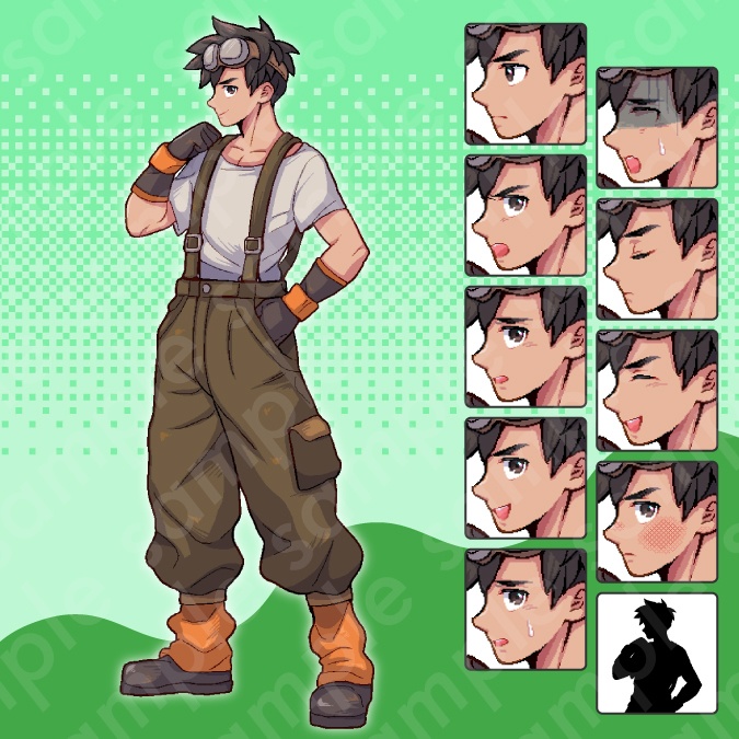 【ドット絵立ち絵素材】作業着を着た主人公系の茶髪男性キャラクターイラスト・ファンタジー・農民・牧場主・鍛冶師・全身表情10種+α