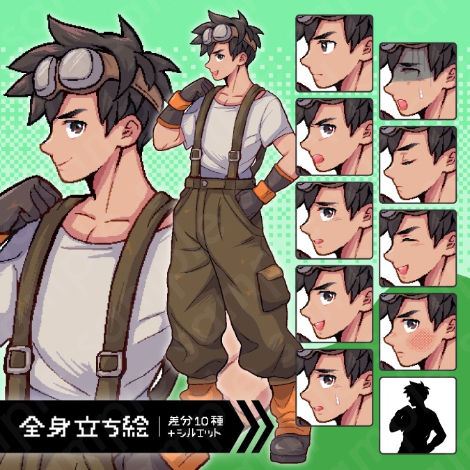 【ドット絵立ち絵素材】作業着を着た主人公系の茶髪男性キャラクターイラスト・ファンタジー・農民・牧場主・鍛冶師・全身表情10種+α