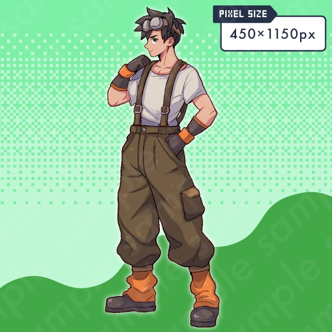 【ドット絵立ち絵素材】作業着を着た主人公系の茶髪男性キャラクターイラスト・ファンタジー・農民・牧場主・鍛冶師・全身表情10種+α