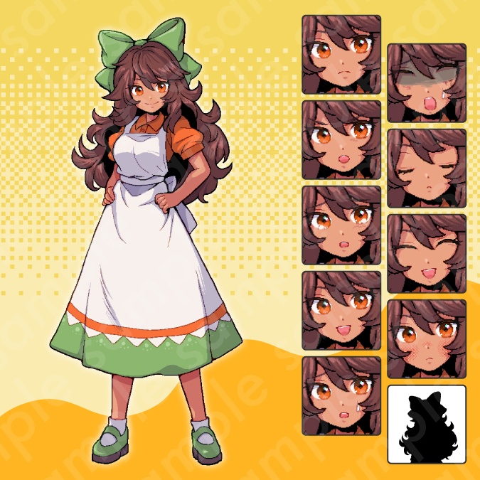 【ドット絵立ち絵素材】エプロン姿のヒロイン系の茶髪女性キャラクターイラスト・ファンタジー・町娘・看板娘・店員・全身表情10種+α