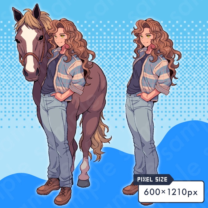 【ドット絵立ち絵素材】馬を連れた茶髪ロングヘアーの男性キャラクターイラスト・ファンタジー・酪農家・騎手・厩務員・牧場主・全身表情10種+α