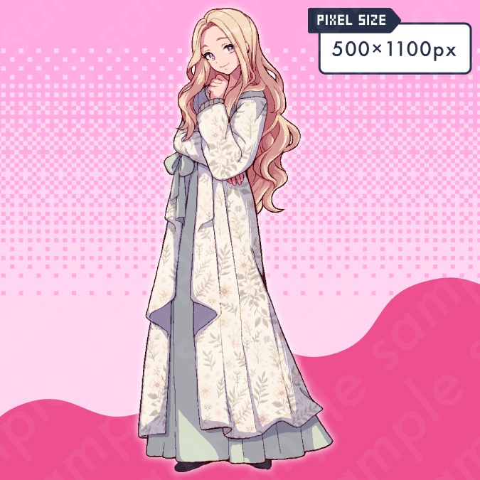 【ドット絵立ち絵素材】お淑やかな雰囲気の金髪ロングヘアの女性キャラクターイラスト・町娘・お金持ちのお嬢様・全身表情10種+α