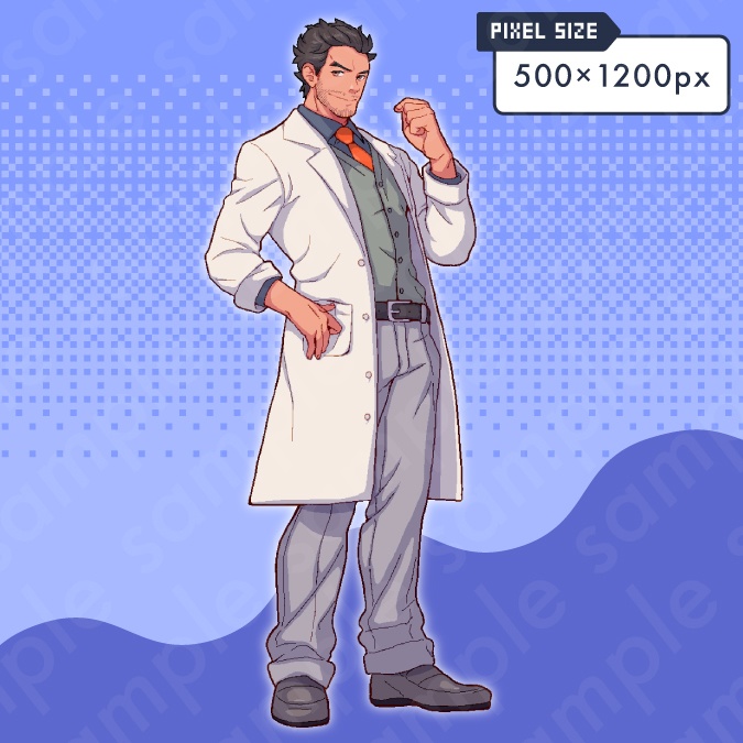 【ドット絵立ち絵素材】白衣を着た髭を生やした黒髪男性キャラクターイラスト・医者・研究員・全身表情10種+α