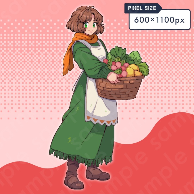 【ドット絵立ち絵素材】野菜カゴを持った茶髪ショートカットの女性キャラクターイラスト・ファンタジー・町娘・農家・全身表情10種+α
