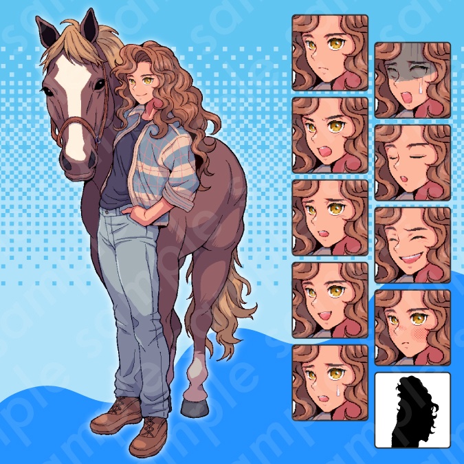 【ドット絵立ち絵素材6人セット】ファンタジーセットC・男性女性キャラクターイラスト・農家・看板娘・町娘・酪農家・牧場主・医者・全身表情10種+α