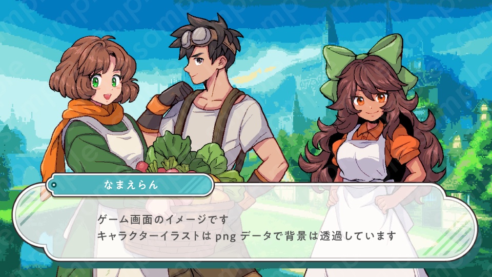 【ドット絵立ち絵素材6人セット】ファンタジーセットC・男性女性キャラクターイラスト・農家・看板娘・町娘・酪農家・牧場主・医者・全身表情10種+α