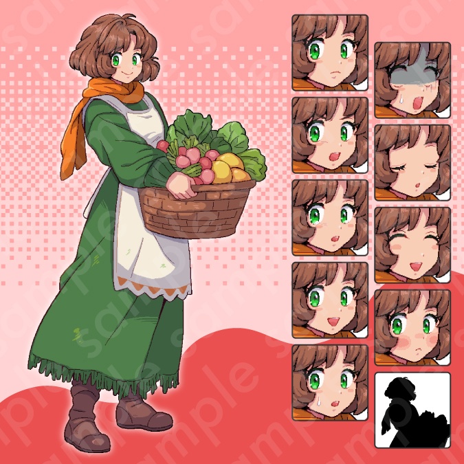 【ドット絵立ち絵素材6人セット】ファンタジーセットC・男性女性キャラクターイラスト・農家・看板娘・町娘・酪農家・牧場主・医者・全身表情10種+α