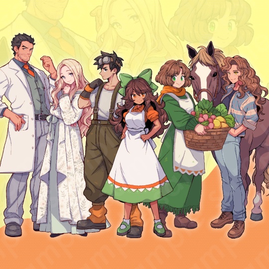 【ドット絵立ち絵素材6人セット】ファンタジーセットC・男性女性キャラクターイラスト・農家・看板娘・町娘・酪農家・牧場主・医者・全身表情10種+α