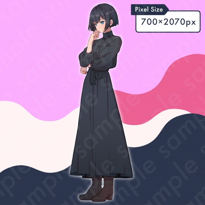 【立ち絵素材】クールで知的な雰囲気の黒髪ボブヘア女性のイラスト・現代・10代〜20代・大学生・全身表情10種+α