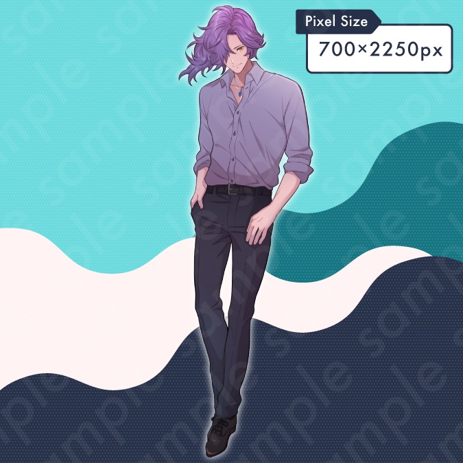 【立ち絵素材】ミステリアスな雰囲気の片目隠れ紫髪男性のイラスト・現代・20代・大学生・サラリーマン・全身表情10種+α