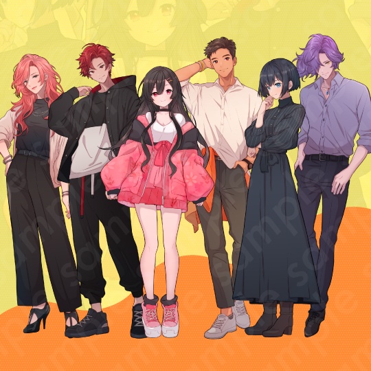 【立ち絵素材6人セット】私服姿などの10代〜20代・男性女性キャラクターイラストセットA・大学生・社会人・全身表情10種+α