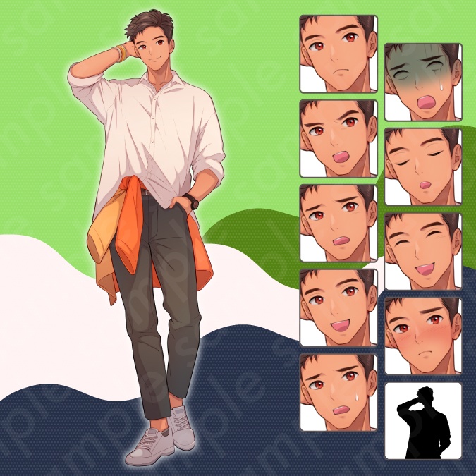 【立ち絵素材6人セット】私服姿などの10代〜20代・男性女性キャラクターイラストセットA・大学生・社会人・全身表情10種+α