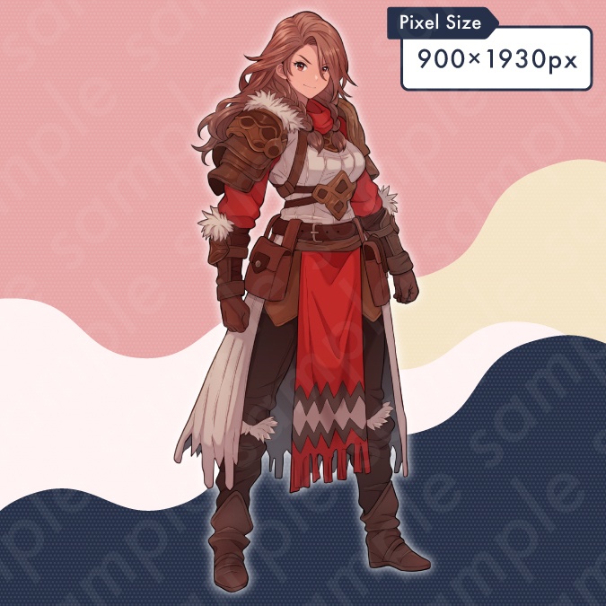 【立ち絵素材】勇ましい雰囲気の茶髪冒険者女性のイラスト・ファンタジー・戦士・剣士・炎属性・全身表情10種+α