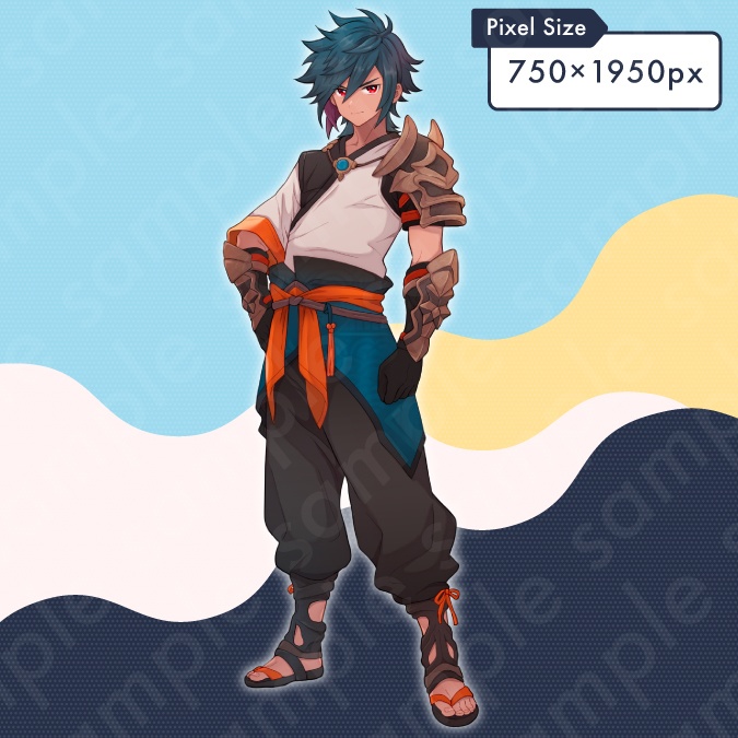 【立ち絵素材】和風の服装を着た青髪男性のイラスト・ファンタジー・主人公風・冒険者・剣士・全身表情10種+α