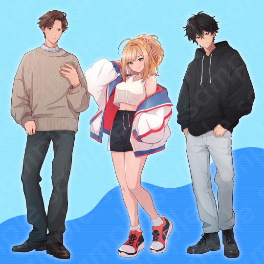 【立ち絵素材3人セット】私服姿などの10代〜20代・男性女性キャラクターイラストセットB・高校生・大学生・全身表情10種+α