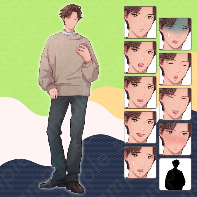 【立ち絵素材3人セット】私服姿などの10代〜20代・男性女性キャラクターイラストセットB・高校生・大学生・全身表情10種+α