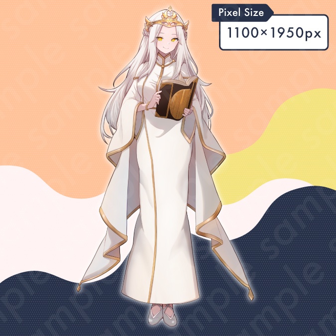 【立ち絵素材】本を持った白髪の聖女風女性のイラスト・ファンタジー・白魔道士・僧侶・全身表情10種+α