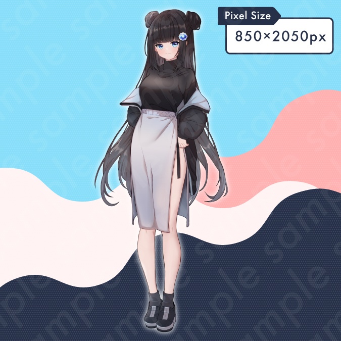 【立ち絵素材】小悪魔な雰囲気のお団子ぱっつん黒髪女性のイラスト・現代・10代〜20代・高校生・大学生・全身表情11種+α