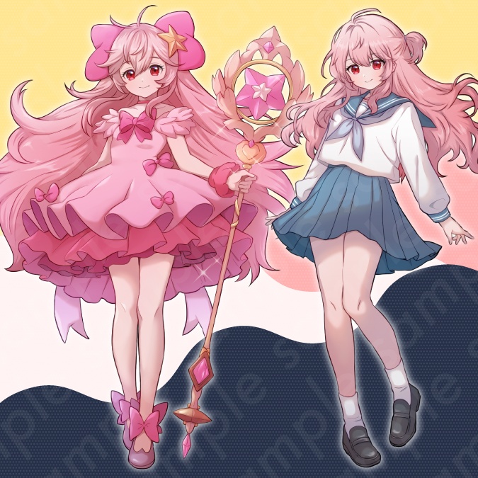 【立ち絵素材】大きなリボンが特徴のピンク系魔法少女・セーラー服を着た女子中学生のイラスト・現代・ファンタジー・全身表情11種+α