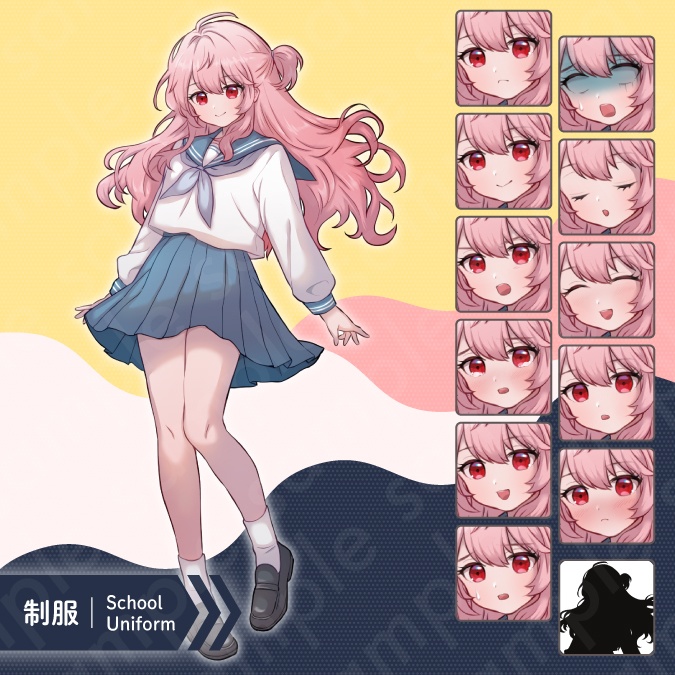 【立ち絵素材】大きなリボンが特徴のピンク系魔法少女・セーラー服を着た女子中学生のイラスト・現代・ファンタジー・全身表情11種+α