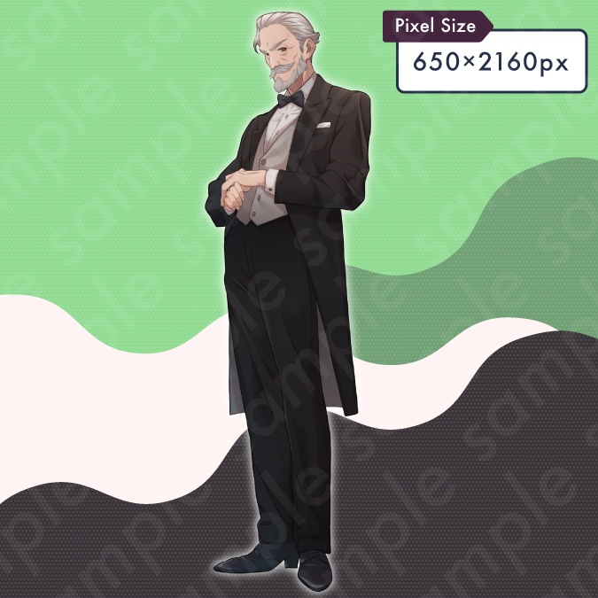 【立ち絵素材】髭を生やしたスーツ姿の執事風60代〜70代男性モブキャライラスト・現代・ファンタジー・全身表情5種+α
