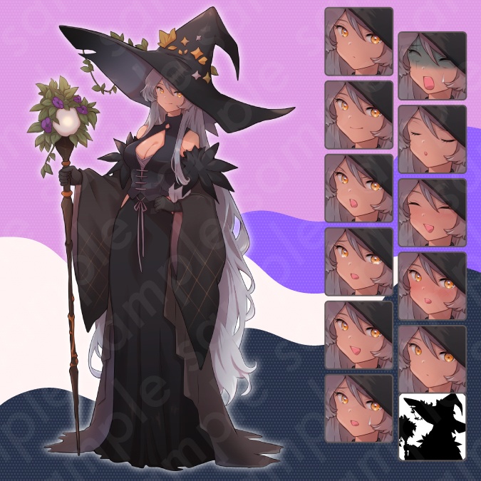 【立ち絵素材】謎めいた雰囲気の魔女風・銀髪女性のイラスト・ファンタジー系・全身表情11種+α【PSD付きセット有】