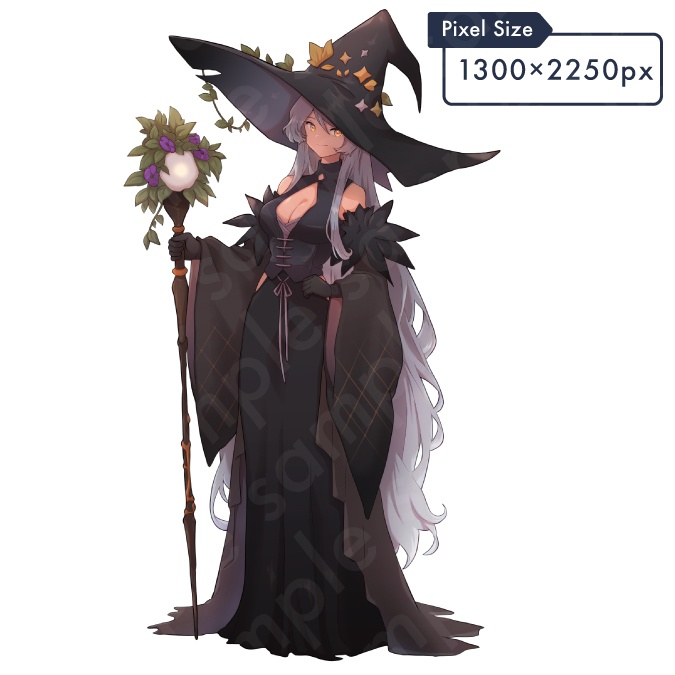 【立ち絵素材】謎めいた雰囲気の魔女風・銀髪女性のイラスト・ファンタジー系・全身表情11種+α【PSD付きセット有】