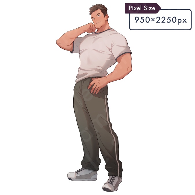 【立ち絵素材】筋肉マッチョな体育教師風・茶髪男性のイラスト・現代系・モブキャラクター・全身表情5種+α【PSD付きセット有】