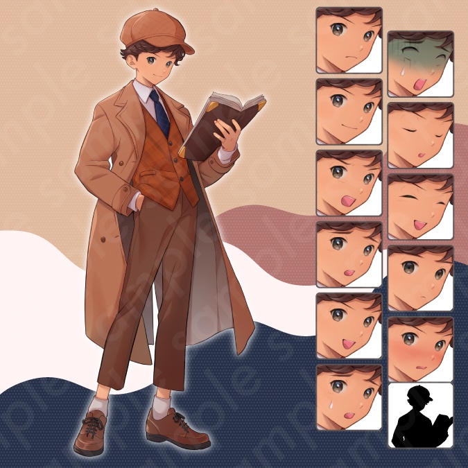【立ち絵素材】茶色のコートを着た少年探偵風男性のイラスト・ファンタジー系・全身表情11種+α【PSD付きセット有】