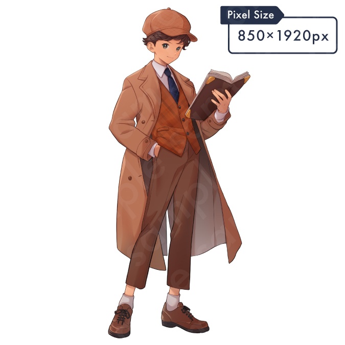 【立ち絵素材】茶色のコートを着た少年探偵風男性のイラスト・ファンタジー系・全身表情11種+α【PSD付きセット有】