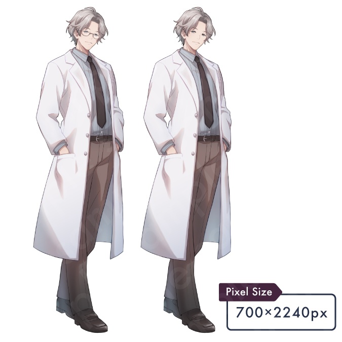【立ち絵素材】白衣を着た眼鏡姿の白髪男性モブキャライラスト・現代・医者・研究員・保健の先生・全身表情5種+α