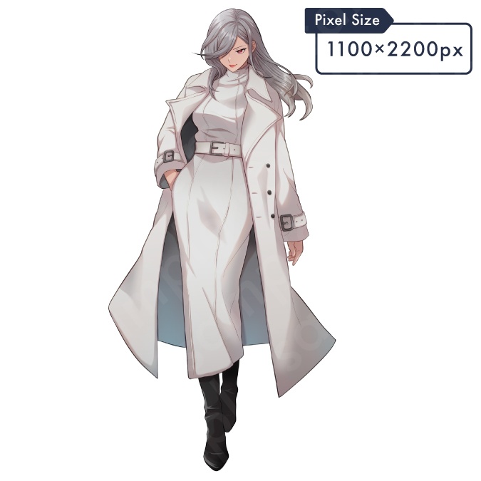 【立ち絵素材】白いコートを着た怪しげな雰囲気の銀髪女性のイラスト・現代・ファンタジー・悪役・全身表情11種+α