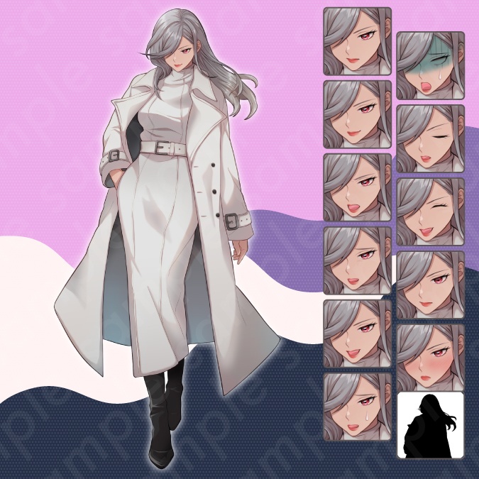 【立ち絵素材】白いコートを着た怪しげな雰囲気の銀髪女性のイラスト・現代・ファンタジー・悪役・全身表情11種+α