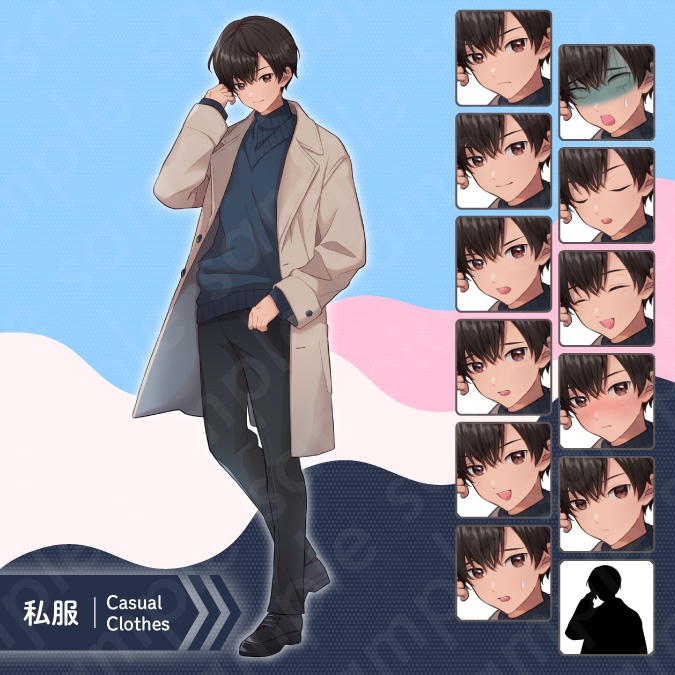 【立ち絵素材】大人しそうな雰囲気の黒髪男子中学生のイラスト・現代・制服・私服・全身表情11種+α