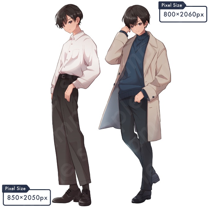 【立ち絵素材】大人しそうな雰囲気の黒髪男子中学生のイラスト・現代・制服・私服・全身表情11種+α