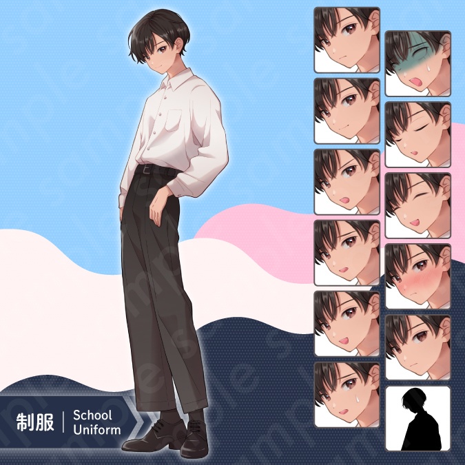 【立ち絵素材】大人しそうな雰囲気の黒髪男子中学生のイラスト・現代・制服・私服・全身表情11種+α