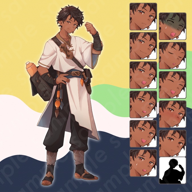 【立ち絵素材】盗賊や冒険者風の褐色茶髪男性のイラスト・ファンタジー系・ホビット・ハーフフット・全身表情11種+α