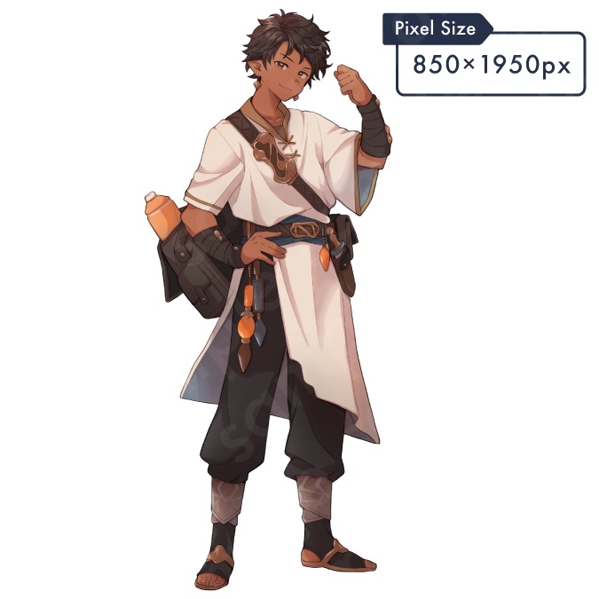 【立ち絵素材】盗賊や冒険者風の褐色茶髪男性のイラスト・ファンタジー系・ホビット・ハーフフット・全身表情11種+α