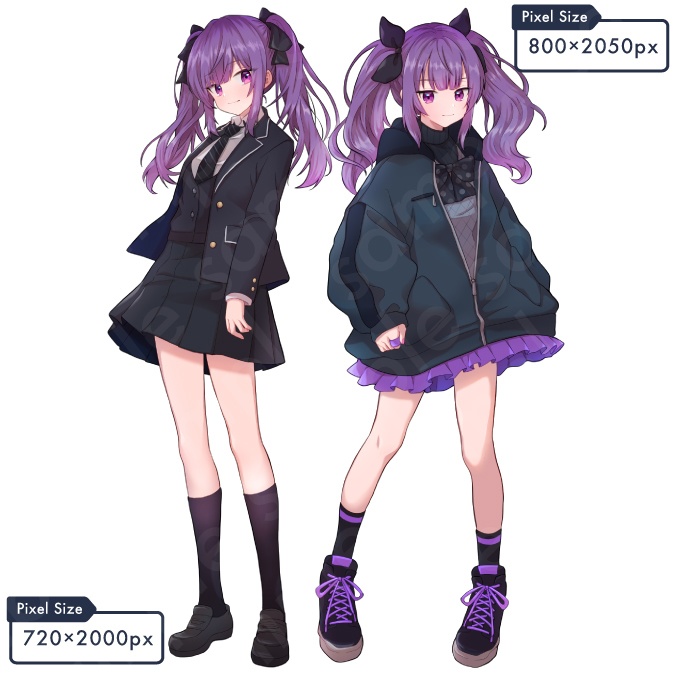 【立ち絵素材】ツンデレな雰囲気の紫ツインテールの女子高校生のイラスト・現代・制服・私服・全身表情11種+α