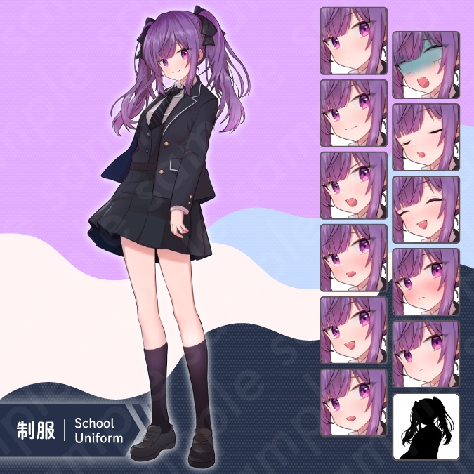 【立ち絵素材】ツンデレな雰囲気の紫ツインテールの女子高校生のイラスト・現代・制服・私服・全身表情11種+α