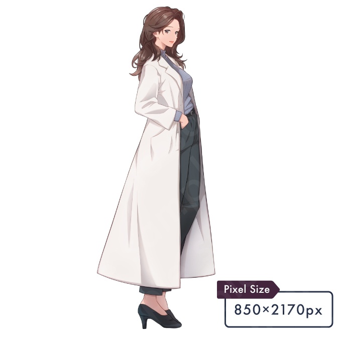 【立ち絵素材】白衣を着た頼れるお姉さん風女性モブキャライラスト・現代・医者・研究員・保健の先生・全身表情5種+α