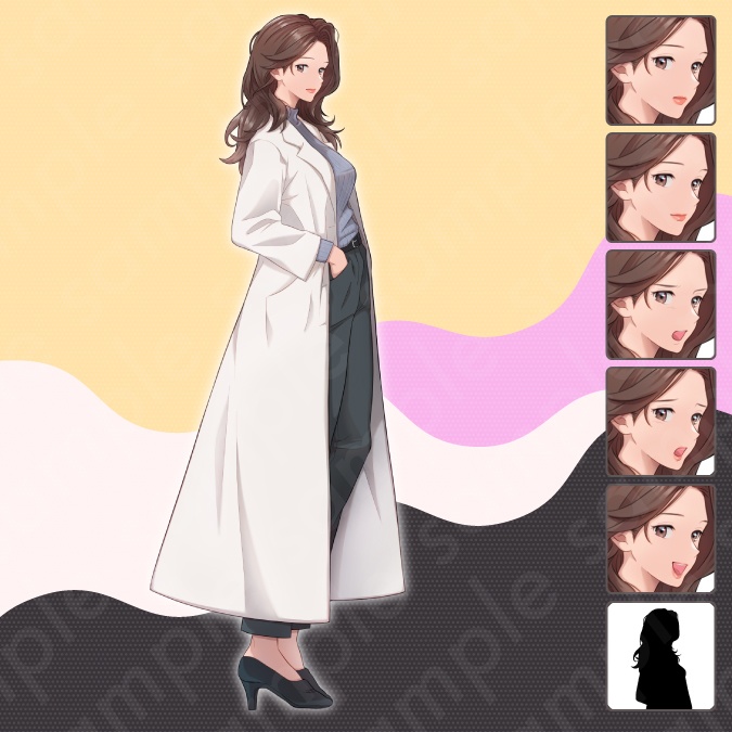 【立ち絵素材】白衣を着た頼れるお姉さん風女性モブキャライラスト・現代・医者・研究員・保健の先生・全身表情5種+α