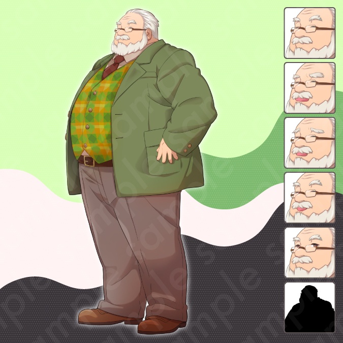 【立ち絵素材】恰幅の良い髭を生やした校長先生風男性モブキャライラスト・現代・社長・眼鏡・全身表情5種+α