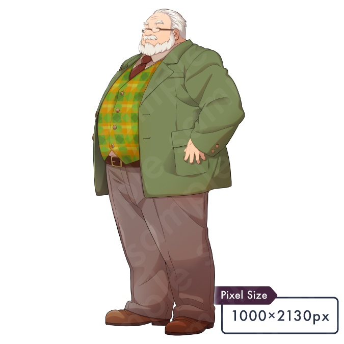 【立ち絵素材】恰幅の良い髭を生やした校長先生風男性モブキャライラスト・現代・社長・眼鏡・全身表情5種+α