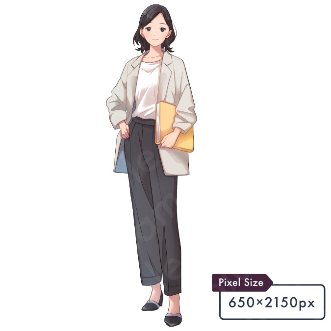 【立ち絵素材】マイペースな雰囲気のスーツを着た社会人黒髪女性モブキャライラスト・現代・教師・キャリアウーマン・全身表情5種+α