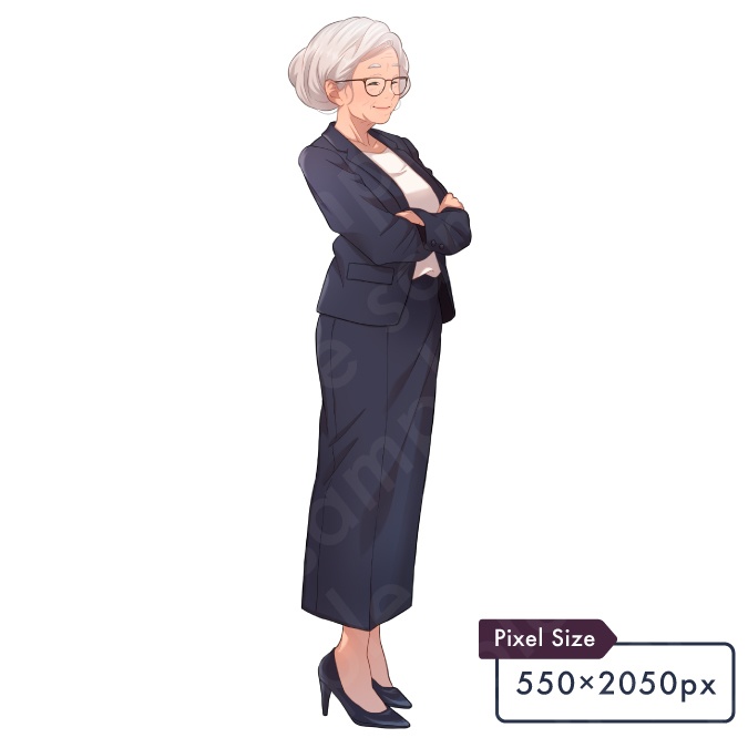 【立ち絵素材】優しそうな雰囲気のスーツを着た校長風白髪女性モブキャライラスト・現代・教師・教頭・社長・全身表情5種+α