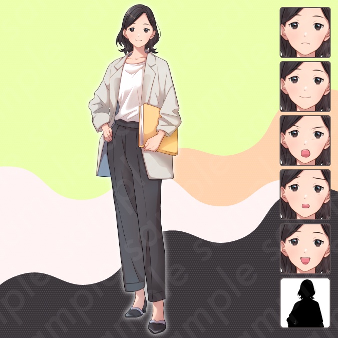 【立ち絵素材6人セット】教員風男女のモブキャラクターイラスト・現代・体育教師・保健の先生・校長・教頭・スーツ姿・全身表情5種+α